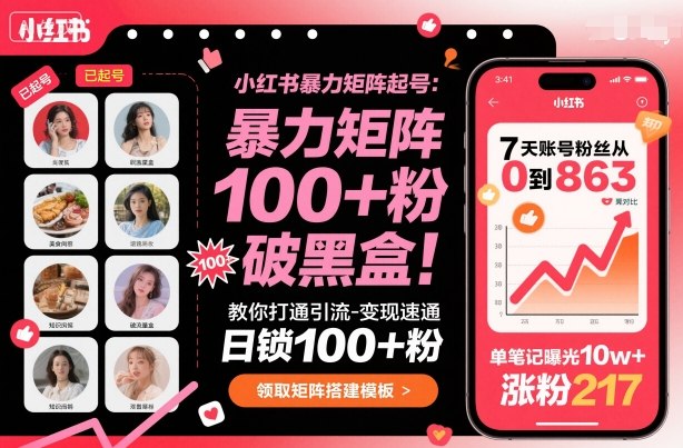 小红书暴力矩阵起号，教你打通引流-变现速通，日锁100+粉，破流量黑盒| 网创圈