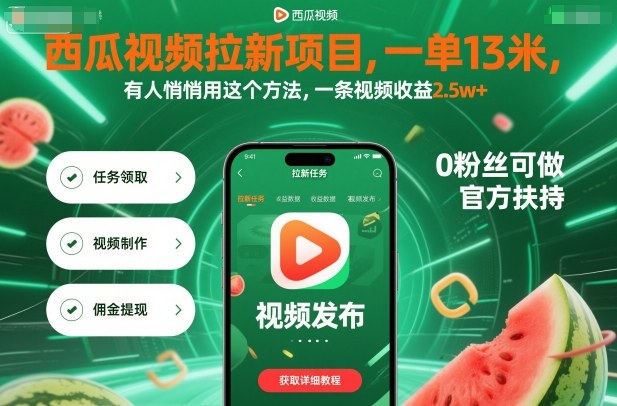 西瓜视频拉新项目，一单13米，有人悄悄用这个方法，一条视频收益2.5w+(附详细教程)| 网创圈