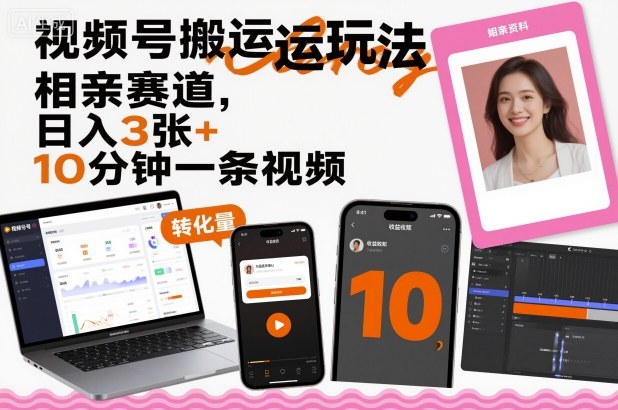 视频号搬运玩法，相亲赛道，日入3张+，10分钟一条视频| 网创圈