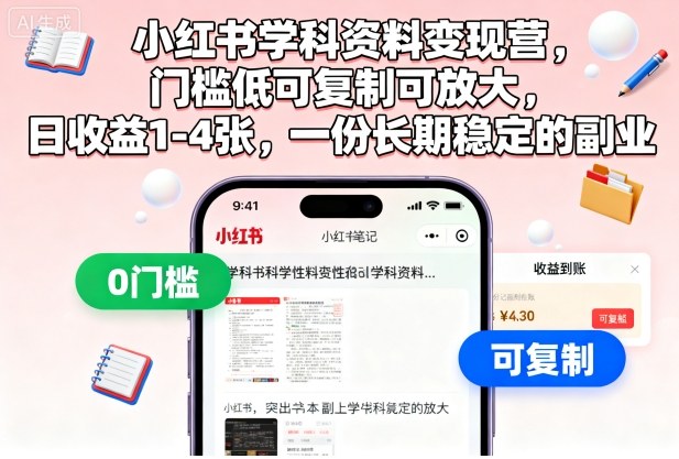 小红书学科资料变现营，门槛低可复制可放大，日收益1-4张，一份长期稳定的副业| 网创圈