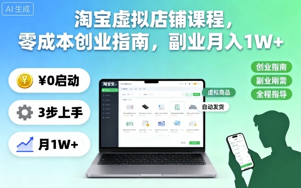淘宝虚拟店铺课程，零成本创业指南，副业月入1W+| 网创圈