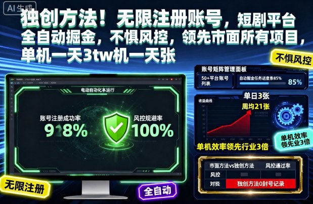 独创方法！无限注册账号，短剧平台全自动掘金，不惧风控，领先市面所有项目，单机一天3张【揭秘】| 网创圈