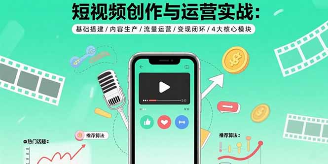 短视频创作与运营实战：基础搭建/内容生产/流量运营/变现闭环/4大核心模块| 网创圈