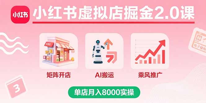 小红书虚拟店掘金2.0课，矩阵开店+AI搬运+乘风推广，单店月入8000实操| 网创圈