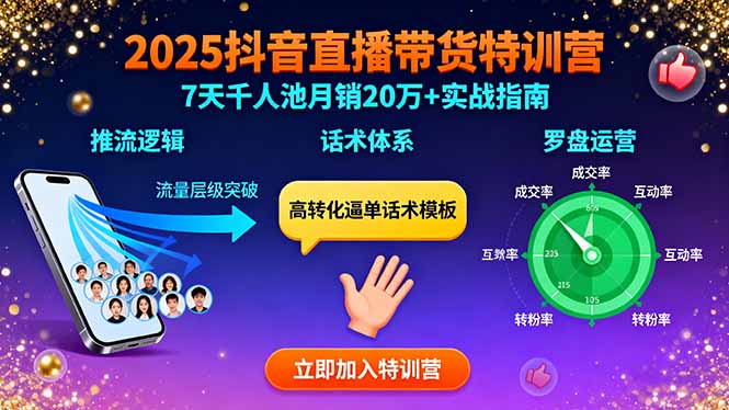 2025抖音直播带货特训：推流逻辑、话术体系、罗盘运营,7天千人池月销20万+| 网创圈