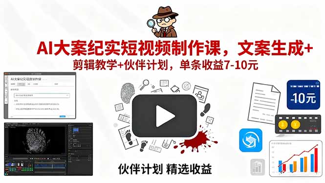 AI大案纪实短视频制作课，文案生成+剪辑教学+伙伴计划，单条收益7-10元| 网创圈