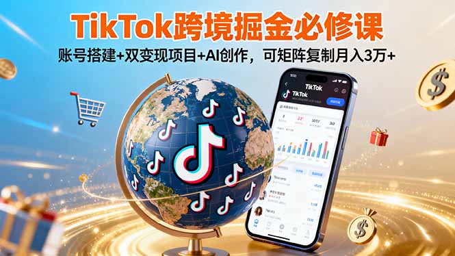 TikTo跨境掘金必修课，账号搭建+双变现项目+AI创作，可矩阵复制月入3万+| 网创圈