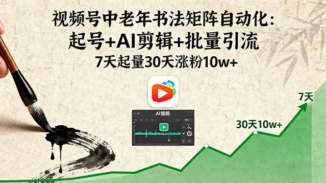 视频号中老年书法矩阵自动化：起号+AI剪辑+批量引流 7天起量30天涨粉10w+| 网创圈