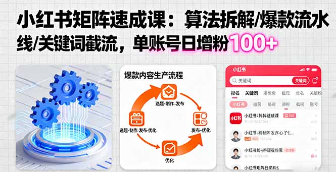 小红书矩阵起号速成课：算法拆解/爆款流水线/关键词截流 单账号日增粉100+| 网创圈