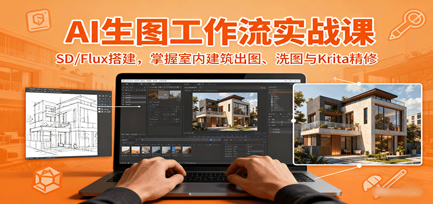 AI生图工作流实战课：SD/Flux搭建，掌握室内建筑出图、洗图与Krita精修| 网创圈