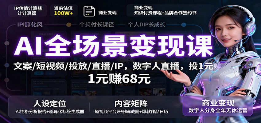 AI全场景变现课：文案/短视频/投放/直播/IP，数字人直播，投1元赚68元| 网创圈