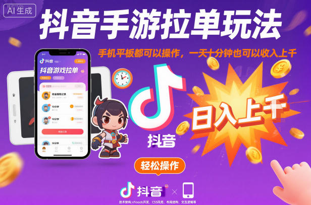 抖音手游拉单玩法，手机平板都可以操作，一天十分钟也可以收入上K【揭秘】| 网创圈