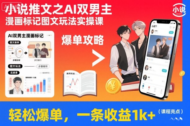 小说推文之AI双男主漫画标记图文玩法实操课，轻松爆单，一条收益1k+| 网创圈