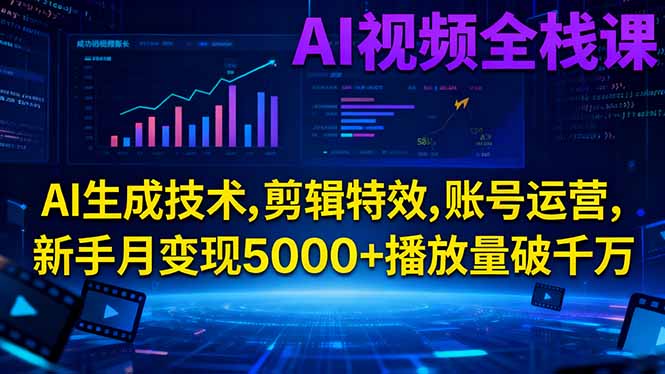 AI视频全栈课:AI生成技术,剪辑特效,账号运营,新手月变现5000+播放量破千万| 网创圈