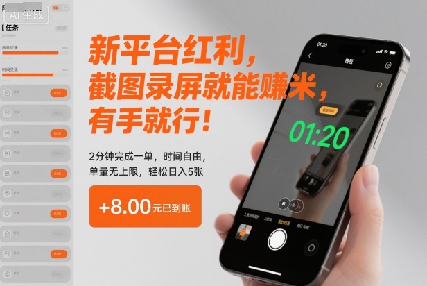 新平台红利，截图录屏就能賺米，有手就行！2分钟完成一单，时间自由，单量无上限，轻松日入5张【揭秘】| 网创圈