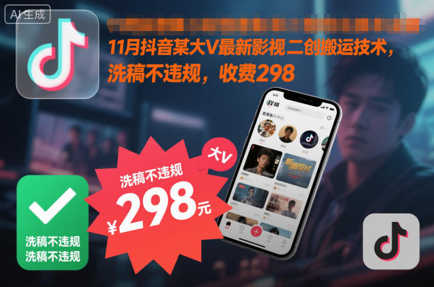 11月抖音某大V最新影视二创搬运技术，洗稿不违规，收费298| 网创圈