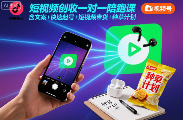 短视频创收一对一陪跑课，含文案+快速起号+短视频带货+种草计划| 网创圈