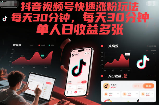 抖音视频号快速涨粉玩法，每天30分钟，单人日收益多张| 网创圈