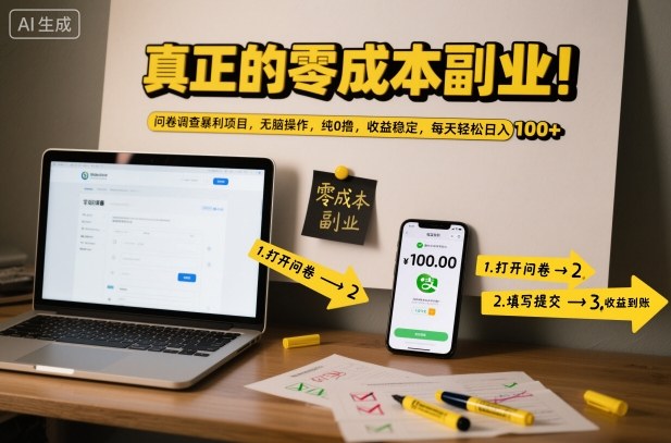 真正的零成本副业！问卷调查暴利项目，无脑操作，纯0撸，收益稳定，每天轻松日入100+【揭秘】| 网创圈