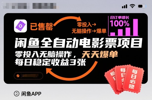 闲鱼全自动电影票项目，零投入无脑操作，天天爆单，每日稳定收益3张【揭秘】| 网创圈