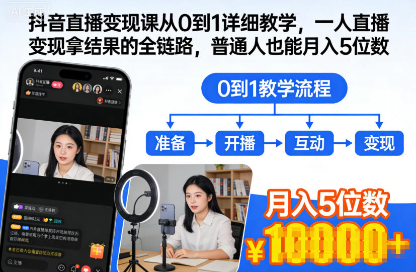 抖音直播变现课从0到1详细教学，一人直播变现拿结果的全链路，普通人也能月入5位数| 网创圈
