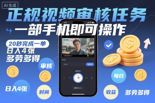 正规视频审核任务，一部手机即可操作，20秒完成一单，日入4张，多劳多得【揭秘】| 网创圈