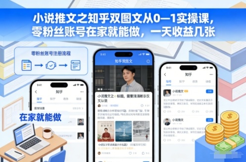小说推文之知乎双图文从0—1实操课，零粉丝账号在家就能做，一天收益几张| 网创圈