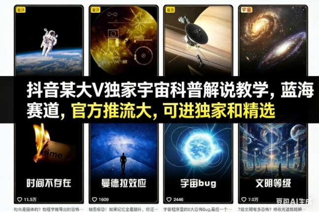 抖音某大V独家宇宙科普解说教学，蓝海赛道，官方推流大，可进独家和精选| 网创圈