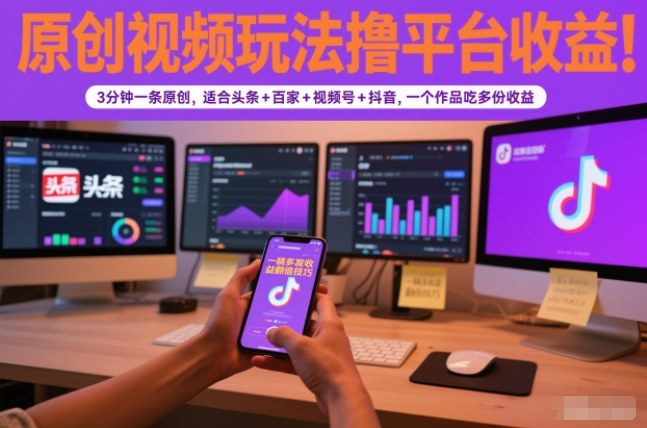 原创视频玩法撸平台收益，3分钟一条原创，适合头条+百家+视频号+抖音，一个作品吃多份收益| 网创圈