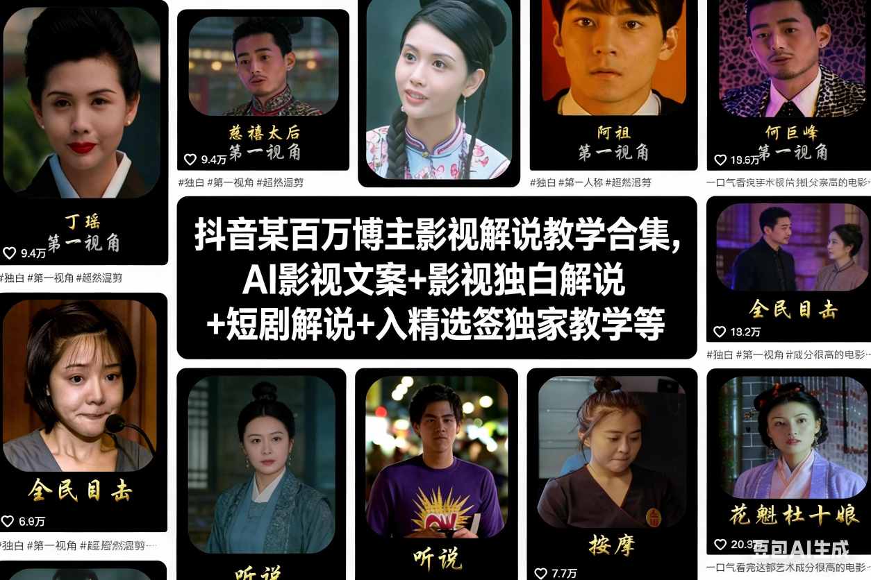 抖音某百万博主影视解说教学合集，AI影视文案+影视独白解说+短剧解说+入精选签独家教学等| 网创圈