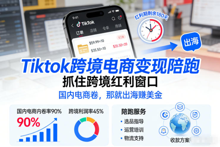 Tiktok跨境电商变现陪跑，抓住跨境红利窗口，国内电商卷，那就出海賺美金| 网创圈