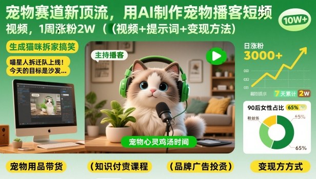 宠物赛道新顶流，用AI制作宠物播客短视频，1周涨粉2W(视频+提示词+变现方法)| 网创圈