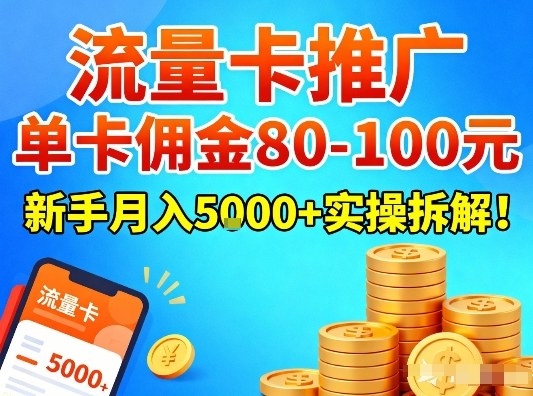 流量卡推广，单卡佣金80-100，新手月入5k+实操拆解！| 网创圈