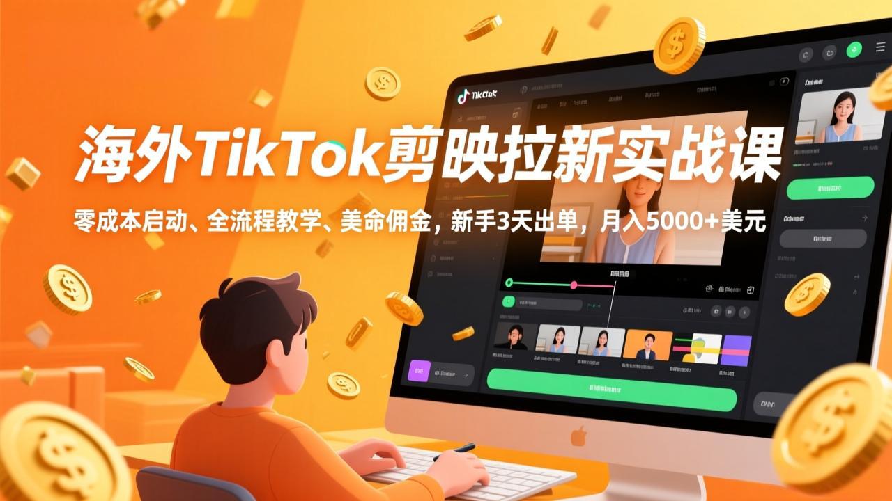 海外TikTok剪映拉新实战课，零成本启动、全流程教学、美金佣金，新手3天出单，月入5000+美元| 网创圈