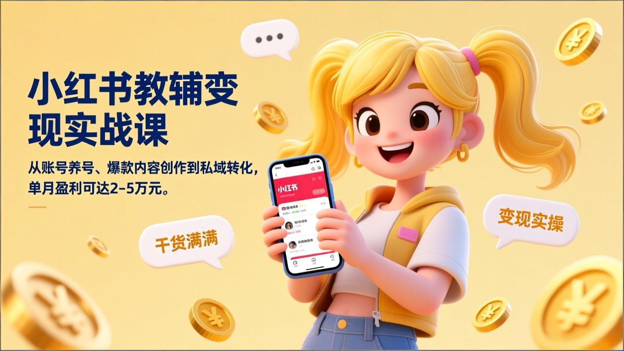 小红书教辅变现实战课，从账号养号、爆款内容创作到私域转化，单月盈利可达2-5万元| 网创圈