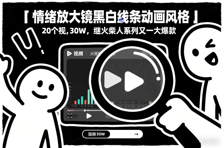 情绪放大镜黑白线条动画风格，20个视频，涨粉30W，继火柴人系列又一大爆款| 网创圈