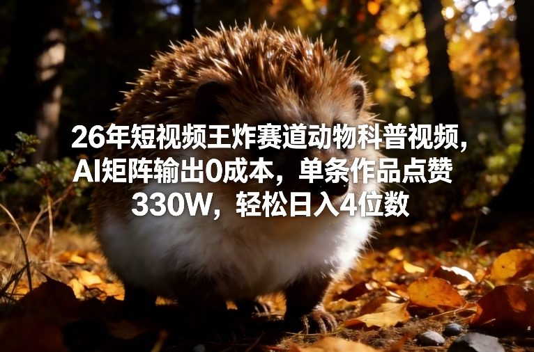 26年短视频王炸赛道动物科普视频，AI矩阵输出0成本，单条作品点赞330W，轻松日入4位数| 网创圈