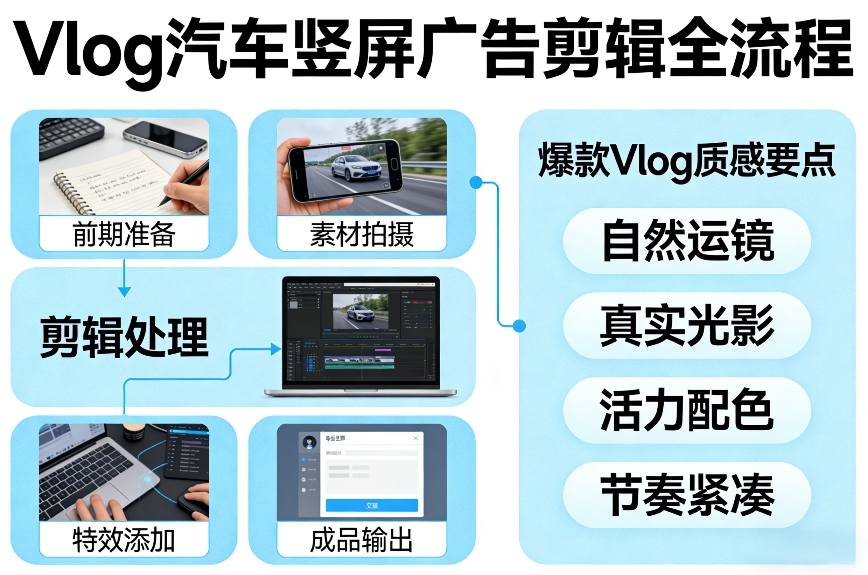 Vlog感觉汽车竖屏广告剪辑脚本全流程，拿捏爆款Vlog质感| 网创圈