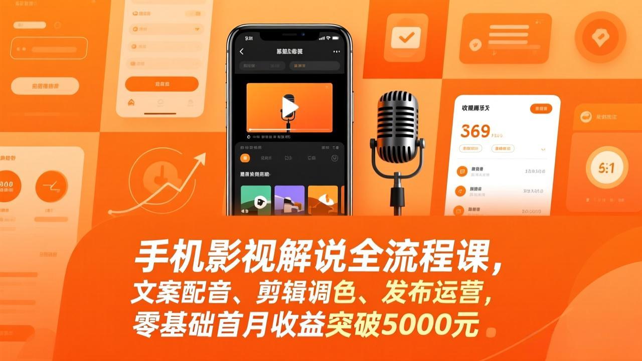 手机影视解说全流程课，文案配音、剪辑调色、发布运营，零基础首月收益突破5000元| 网创圈