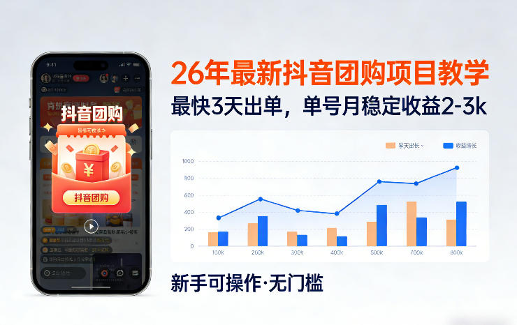 26年最新抖音团购项目教学，0门槛，最快3天出单，单号月稳定收益2-3k| 网创圈