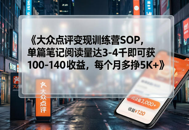 大众点评变现训练营SOP，单篇笔记阅读量达3-4千即可获100-140收益，每个月多挣5K+| 网创圈