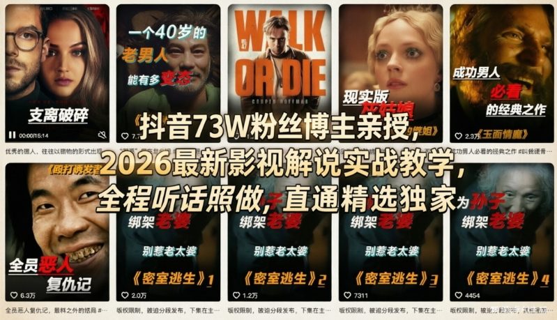 抖音73W粉丝博主亲授，2026最新影视解说实战教学，全程听话照做，直通精选独家| 网创圈