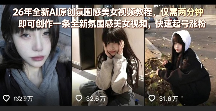 26年全新AI原创氛围感美女视频教程，仅需两分钟即可创作一条全新氛围感美女视频，快速起号涨粉| 网创圈