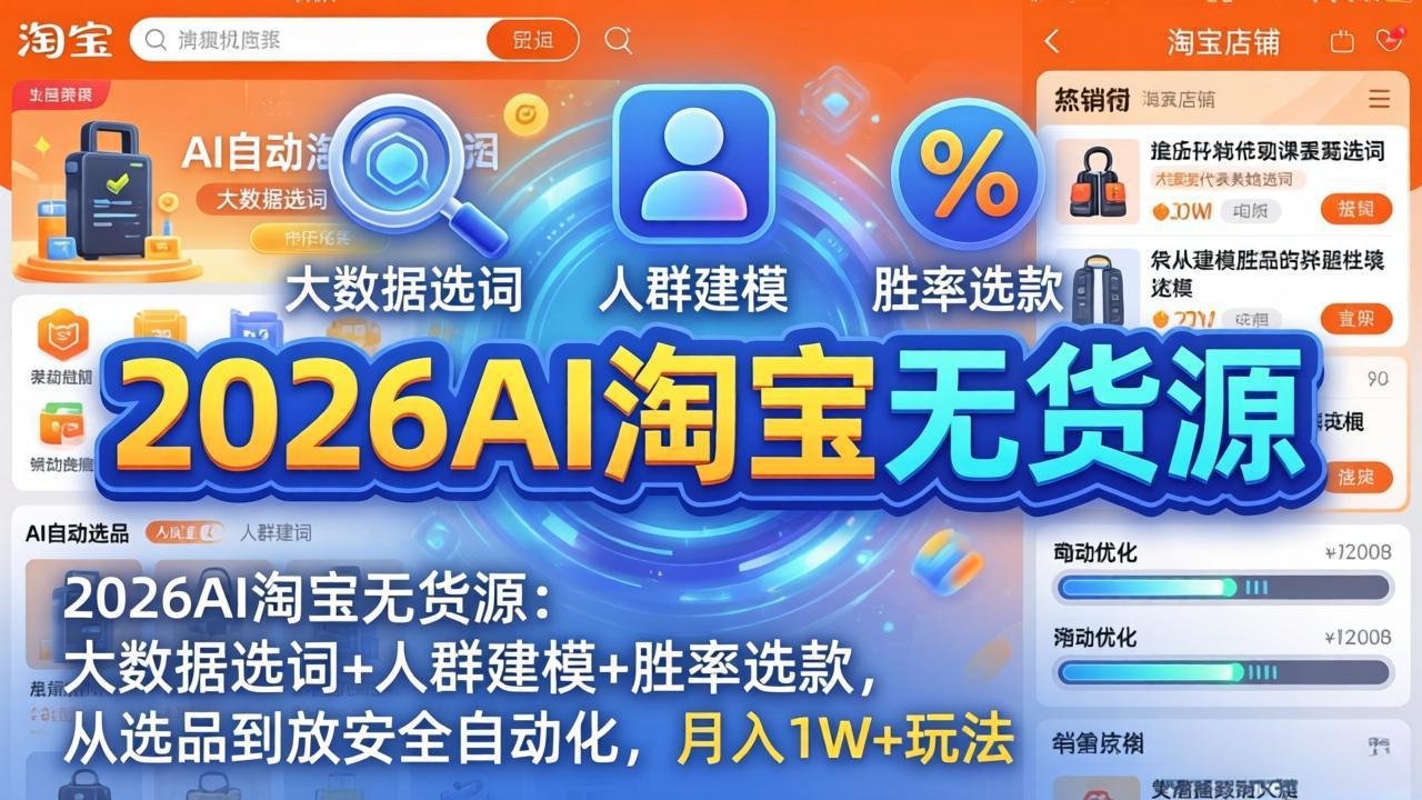 2026AI淘宝无货源：大数据选词+人群建模+胜率选款，从选品到放大全自动化，月入1W+玩法| 网创圈
