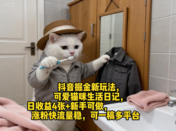 抖音掘金新玩法，可爱猫咪生活日记，日收益4张+新手可做，涨粉快流量稳，可一稿多平台| 网创圈