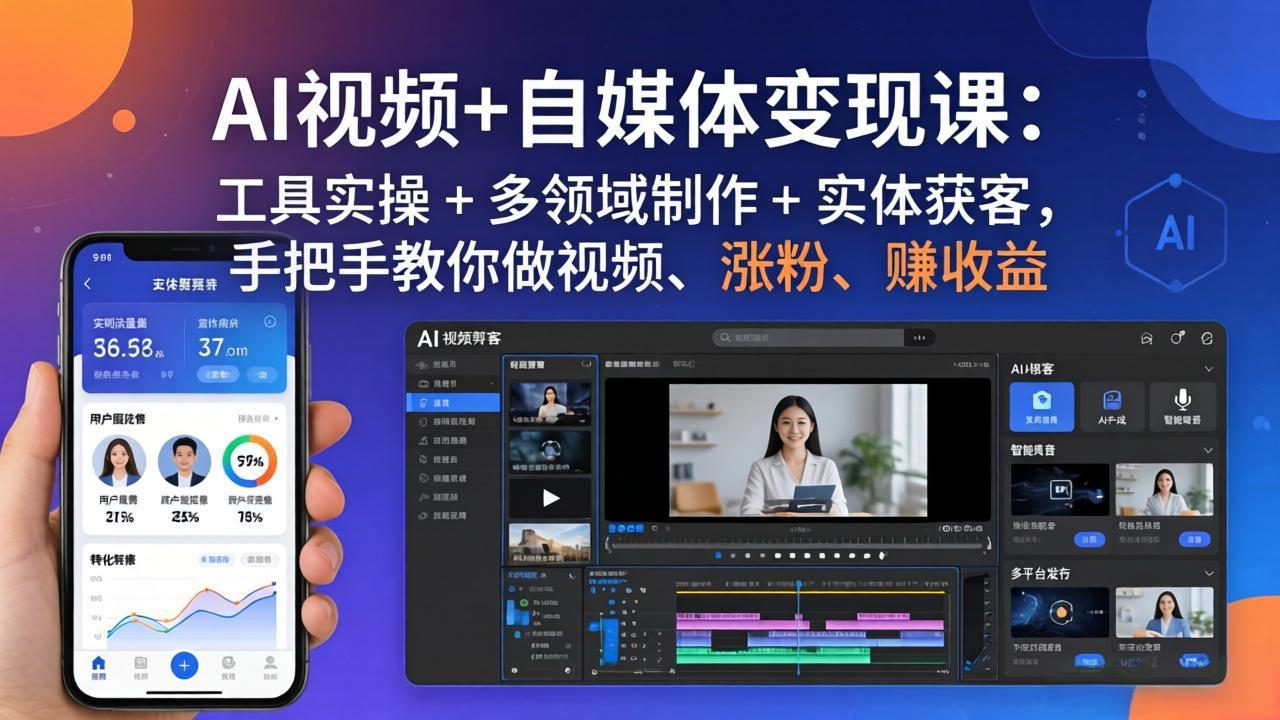 AI视频+自媒体变现课：工具实操 + 多领域制作 + 实体获客，手把手教你做视频、涨粉、赚收益| 网创圈