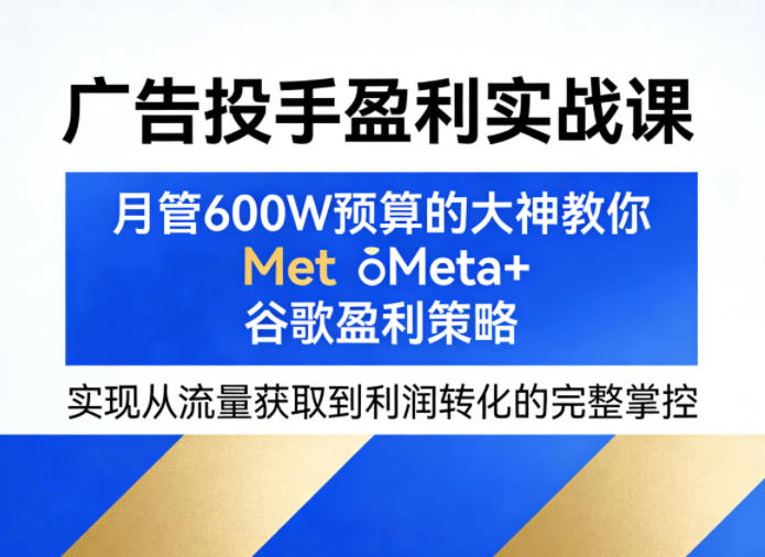 广告投手盈利实战课，月管600W预算的大神教你Meta+谷歌盈利策略，实现从流量获取到利润转化的完整掌控| 网创圈
