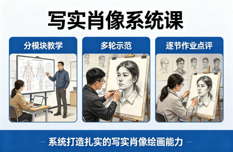 写实肖像系统课，全程分模块教学+多轮示范+逐节作业点评，系统打造扎实的写实肖像绘画能力| 网创圈