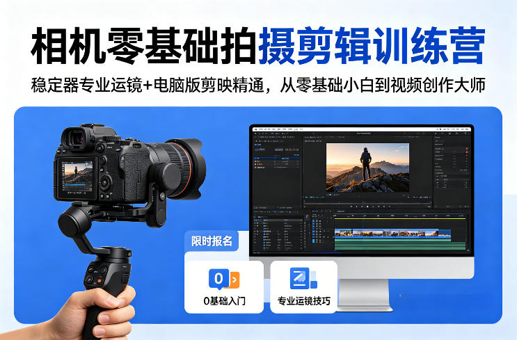 相机零基础拍摄剪辑训练营：稳定器专业运镜+电脑版剪映精通，从零基础小白到视频创作大师| 网创圈