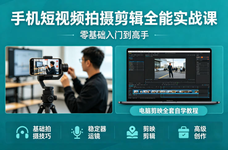 手机短视频拍摄剪辑全能实战课：零基础入门到高手，稳定器运镜+电脑剪映全套自学教程| 网创圈